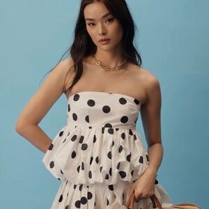 Anthropologie White Strapless Peplum Top with Black Polka Dots